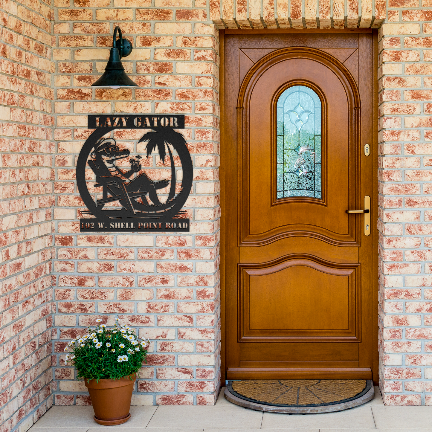 CUSTOM_Lazy_Gator_Address_Sign_Black_Brick_Entrance_Mockup.png