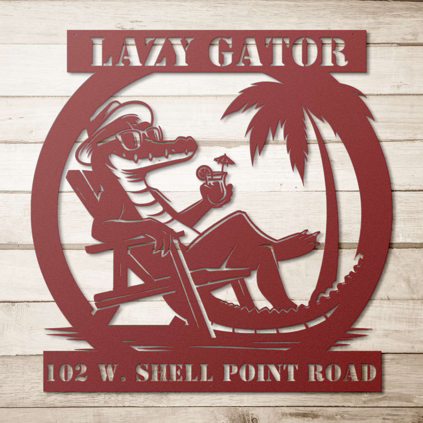 CUSTOM_Lazy_Gator_Address_Sign_Red_Simple_Wood_BKGD_Mockup.png