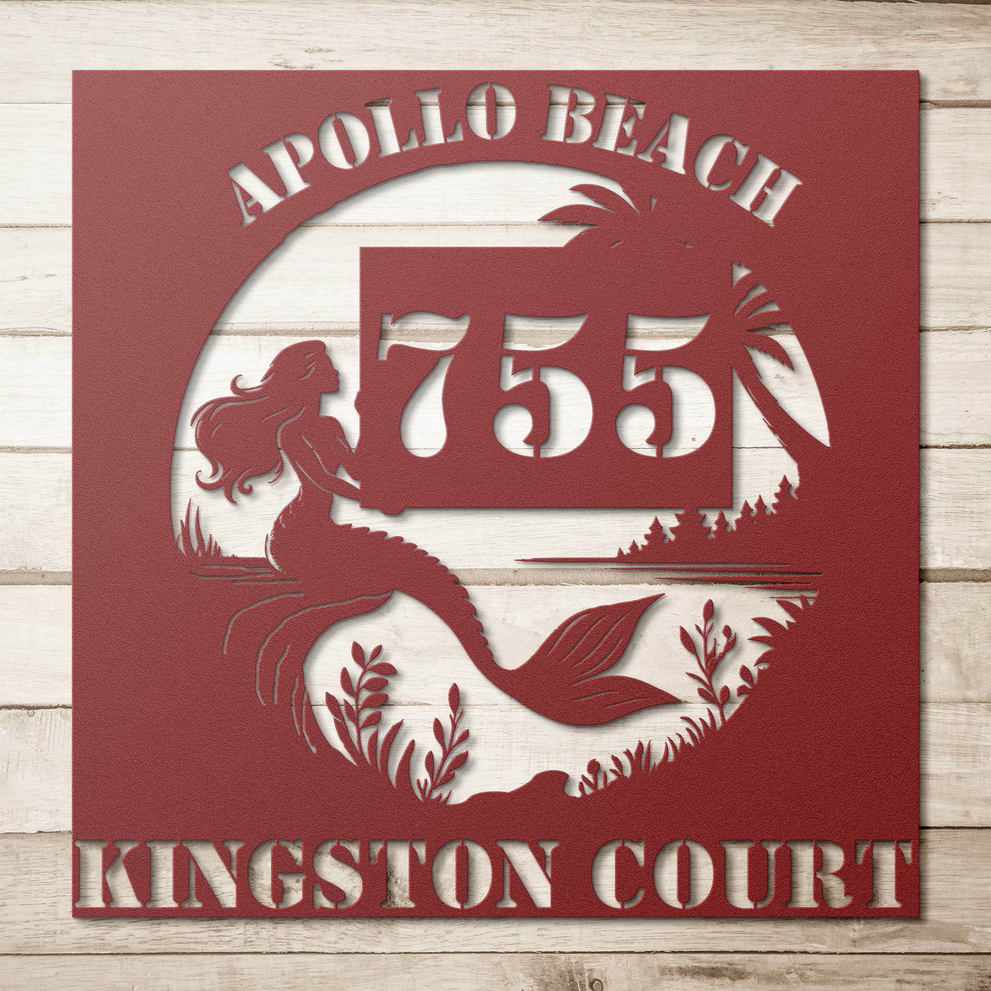 CUSTOM_mermaid_address_sign_Red_Simple_Wood_BKGD_Mockup.png