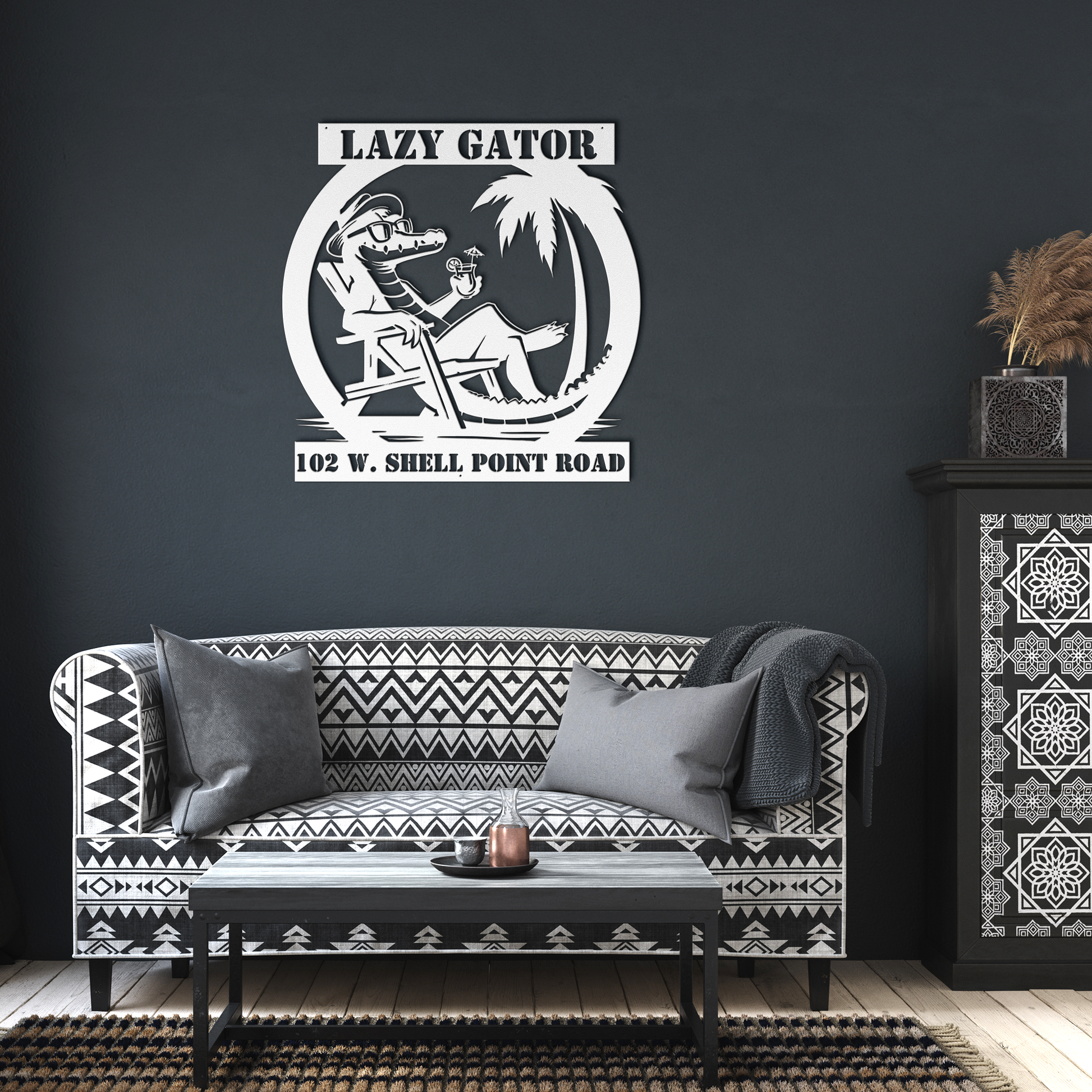 CUSTOM_Lazy_Gator_Address_Sign_White_Dark_Living_Room_Mockup.png